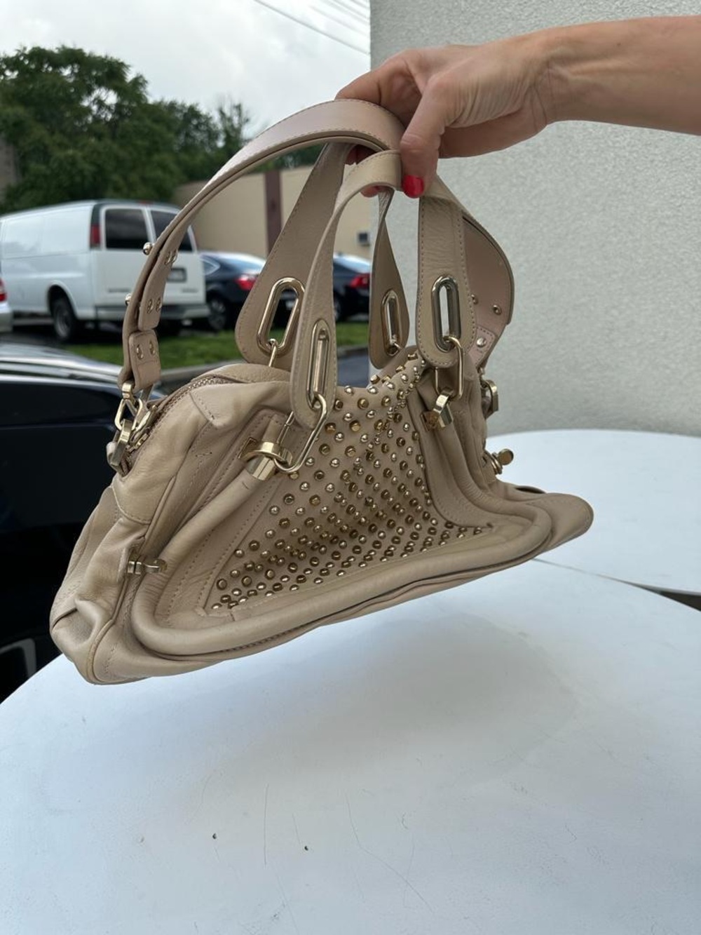 Chloe Beige Leather Studded Shoulder Bag